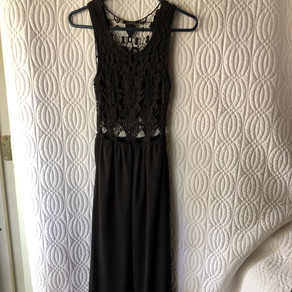 Deb black maxi dress with crotchet top.